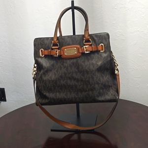 MICHAEL KORS Leather Brown Tan Hamilton Belted Tote Handbag Large Buckle
